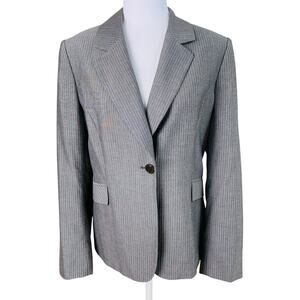 Tahari ASL Size 14 One Button Blazer Jacket Gray White Pinstripe Career Classic